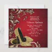 女性レッド金ゴールドシューバースデーパーティー 招待状 (正面)