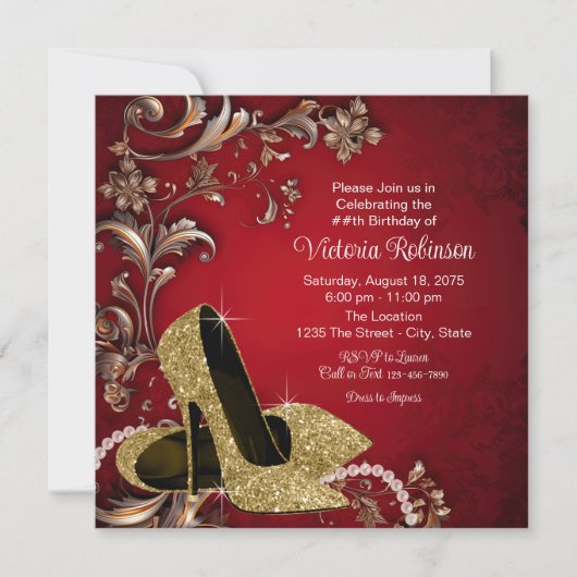 女性レッド金ゴールドシューバースデーパーティー 招待状 (正面)