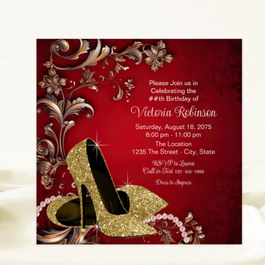 女性レッド金ゴールドシューバースデーパーティー 招待状