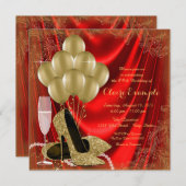 女性レッド&金ゴールドバースデーパーティサタングリッター 招待状 (正面/裏面)