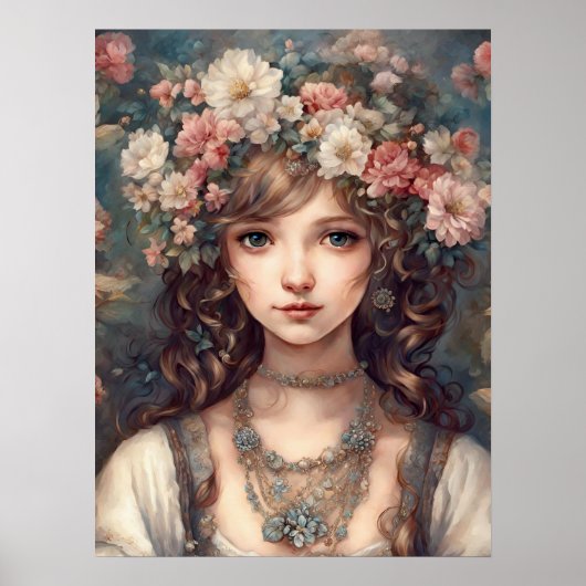 女性レディポートレートフラワーアートポスター ポスター (正面)