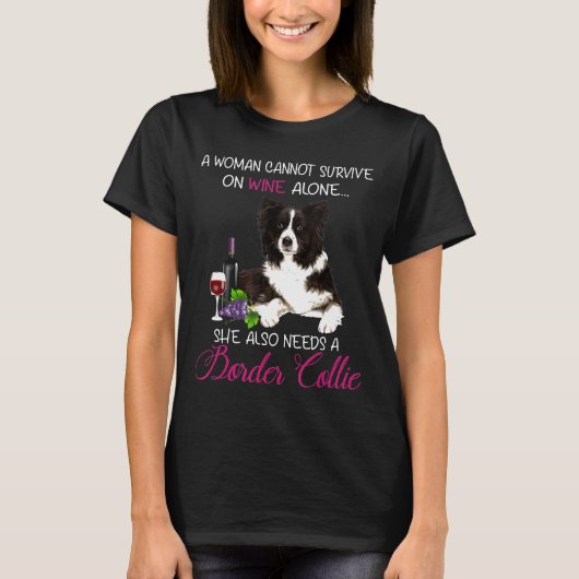 女性ワインと縁どコリー犬 Tシャツ (正面)
