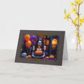 女性ワーウルフ誕生日オンハロウィーン カード (黄色い花)