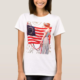 女性ヴィンテージの愛国心が強い郵便はがきの芸術に印を付けて下さい7月4日 Tシャツ