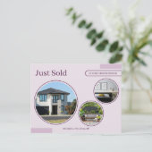 女性不動産エージェント向けピンクの「Fine Lines Just Sold」デザイン ポストカード (スタンド正面)