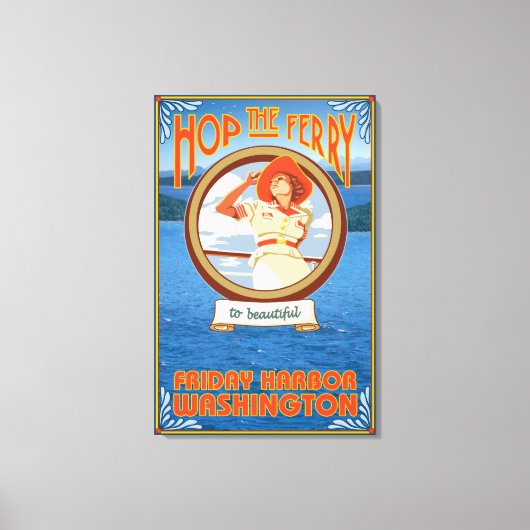 女性乗馬フェリー – ワシントン州フライデーハーバー キャンバスプリント (正面)