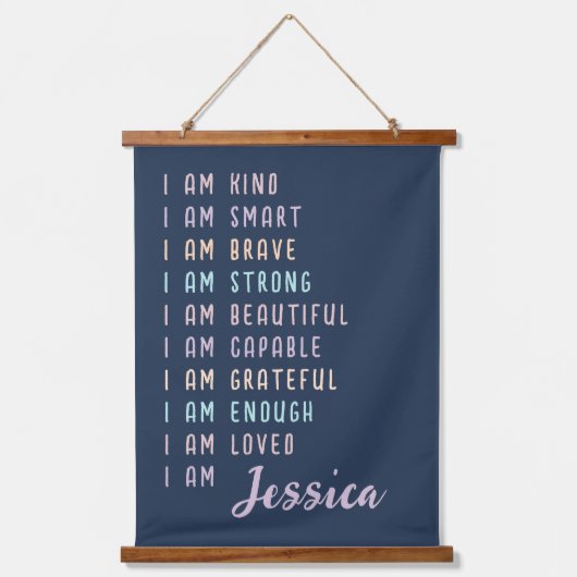 女性前向きブルーのパーソナライズされた肯定 吊り下げ型タペストリー (正面)