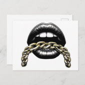 女性口唇と金ゴールドチェーンアートイラストレーション ポストカード (正面/裏面)