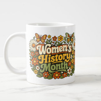 女性史月間レトロ70年代フラワープリント グルービーなタイポグラフィ ジャンボコーヒーマグカップ