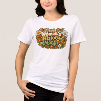 女性史月間レトロ70年代フラワープリント タイポグラフィ トライブレンドTシャツ