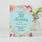 女性向けのお花の30歳誕生日招待状（ターコイズブルー） 招待状 (スタンド正面)