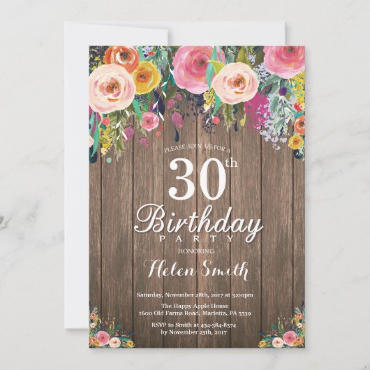 女性向けのラスティックフラワーの30歳誕生日招待状 招待状 (正面)