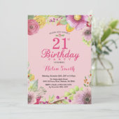 女性向けの花柄21歳誕生日招待状 ピンク 招待状 (スタンド正面)
