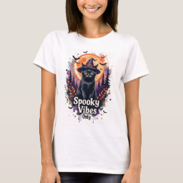 女性向けの黒猫ハロウィンTシャツ スプーキー・バイブス Tシャツ