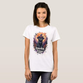 女性向けの黒猫ハロウィンTシャツ スプーキー・バイブス Tシャツ (正面フル)