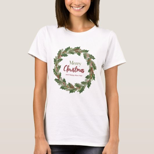 女性向けメリークリスマスリースTシャツ Tシャツ (正面)