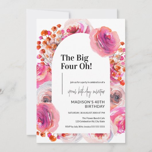 女性向け花のアーチ40歳の誕生日招待状 招待状 (正面)