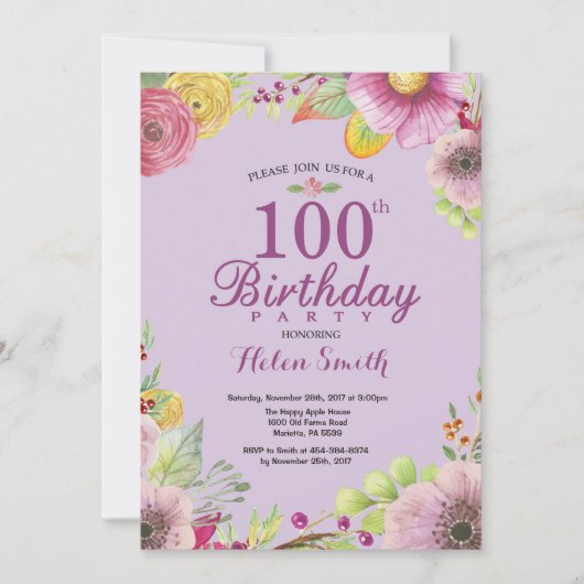 女性向け花柄100歳誕生日招待状 紫 招待状 (正面)