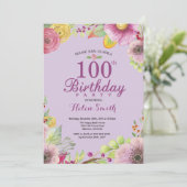 女性向け花柄100歳誕生日招待状 紫 招待状 (スタンド正面)