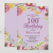 女性向け花柄100歳誕生日招待状 紫 招待状 (正面/裏面)