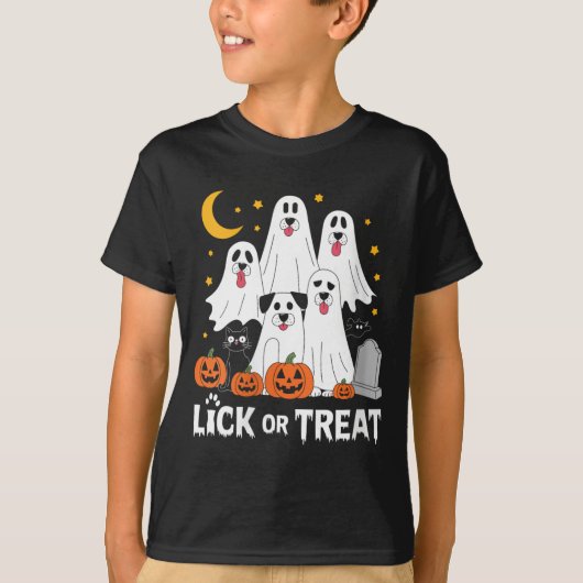 女性向け くすぐるかお菓子をくれるか 面白い おばけ 犬 かわいい Tシャツ (正面)