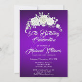 女性向け ヴィンテージ パープル ホワイト ローズ 50歳の誕生日 招待状 (正面)