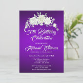 女性向け ヴィンテージ パープル ホワイト ローズ 50歳の誕生日 招待状 (スタンド正面)