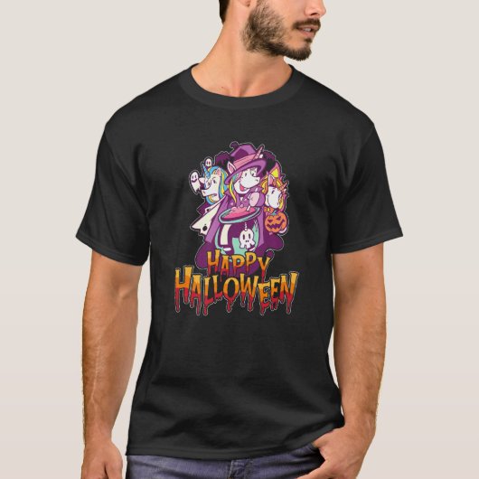 女性向け 怖い ハロウィン ユニコーン ほうき Tシャツ (正面)