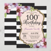 「女性向け」100歳の誕生日パーティー招待状 花柄 ゴールド ブラック 招待状 (正面/裏面)