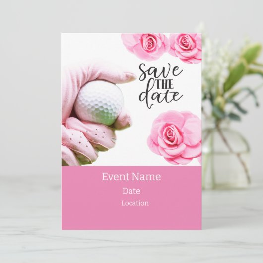 女性大会のためのピンクの花を持つゴルフボール 招待状 (スタンド正面)