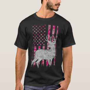 女性女子愛国的ピンク迷彩柄アメリカ国旗の鹿狩り Tシャツ