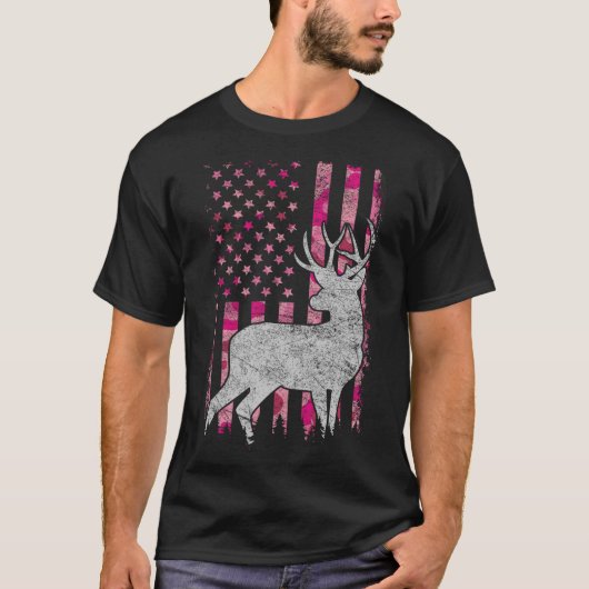 女性女子愛国的ピンク迷彩柄アメリカ国旗の鹿狩り Tシャツ (正面)