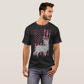 女性女子愛国的ピンク迷彩柄アメリカ国旗の鹿狩り Tシャツ (正面フル)