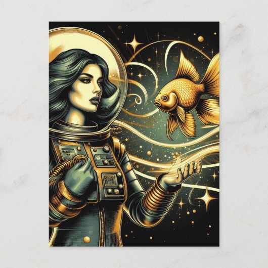 女性宇宙飛行士と金魚のサイエンスフィクション ポストカード (正面)