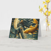 女性宇宙飛行士と魚のレトロすべての行事 カード (黄色い花)