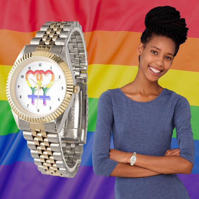 女性対プライド記号虹フラグ 腕時計 (Female Couple Pride Symbols Rainbow Flag Watch)