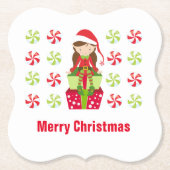 女性小妖精や小人wキャンディスメリークリスマスカスタム文字 ペーパーコースター (正面)