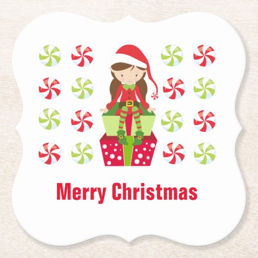 女性小妖精や小人wキャンディスメリークリスマスカスタム文字 ペーパーコースター (正面)