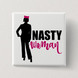 女性扱いにくシルエットとピンクプッシー猫ハット 缶バッジ