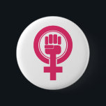 女性拳レジスタシンボル 缶バッジ<br><div class="desc">このシンボルは、女性のジェンダーシンボルでピンクの拳を上げている。</div>