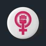 女性拳レジスタシンボル 缶バッジ<br><div class="desc">このシンボルは、女性のジェンダーシンボルでピンクの拳を上げている。</div>