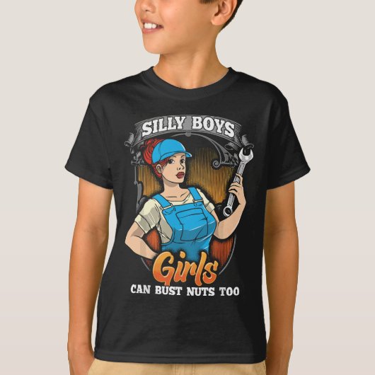 女性整備士バストナッツおもしろいアダルトユーモア Tシャツ (正面)