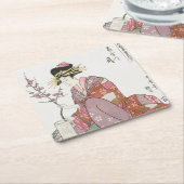 女性日本のヴィンテージ絵を描のアートウッドブロックプリン スクエアペーパーコースター (アングル)