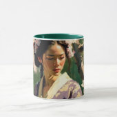 女性歩くさくらんぼの木々の下で晴れた日 マグカップ (中央)