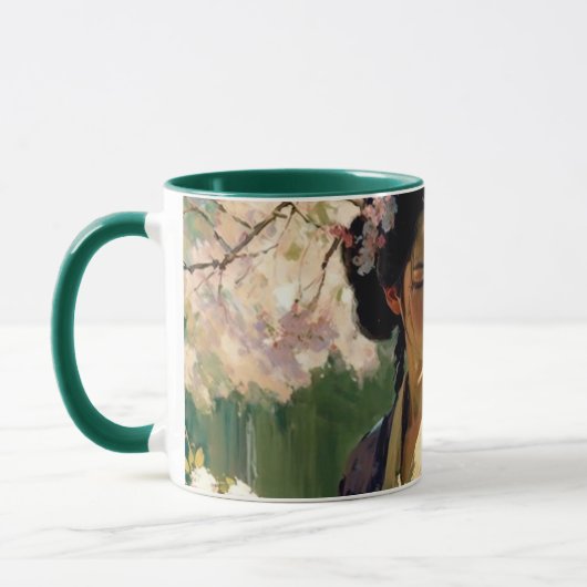 女性歩くさくらんぼの木々の下で晴れた日 マグカップ (左)