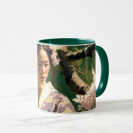 女性歩くさくらんぼの木々の下で晴れた日 マグカップ (正面右)