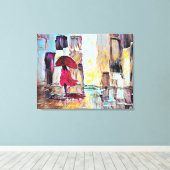 女性歩くインザレインアート抽象芸術 キャンバスプリント (インサイチュ (ウッドフロア))