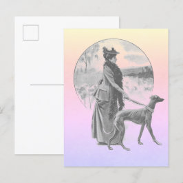 女性歩くグレイハウンド犬のヴィンテージ ポストカード