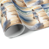 女性歩くザビーチ水色 ラッピングペーパー (ロールコーナー)