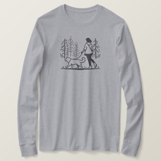 女性歩く彼女の犬を通って木 – 長袖 Tシャツ (デザイン正面)